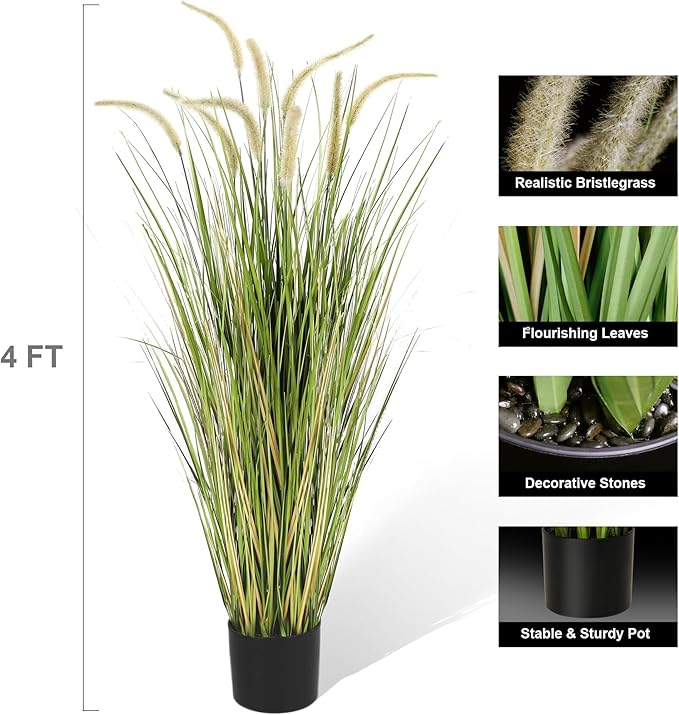 KOL 4ft Artificial Horsetail Grasses (2-Pack) - 47.2in Tall Realistic Faux Plants for Indoor Outdoor, Potted Fake Grass Decor for Home Office Wedding, Low Maintenance Houseplant Gift