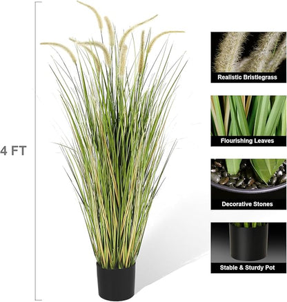 KOL Artificial 4ft Horsetail Reed Grass, 47.2in Artificial Indoor Outdoor Fake Grass Plant, Home Office Wedding Decorative Artificial Plants & Flowers in Pot Faux Plant Greenery, Housewarming Gift