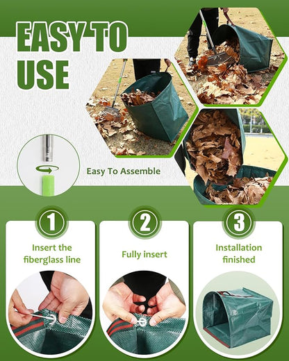 Joyhalo 65 Inch Rake for Leaves with 40 Gallon Dustpan-Typ Leaf Bags, 25 Tines Metal Leaf Rake Set for Gardening Lawns Yard Outdoor Camping Shrub Grass Bush Grass Clippings