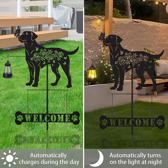 Labrador Metal Garden Stakes Yard Decor with a Lantern, Black Labrador Silhouette Statues Garden Decorative Gifts for Yard Art, Patio, Outside, Lawn Ornaments, Christmas, Backyard
