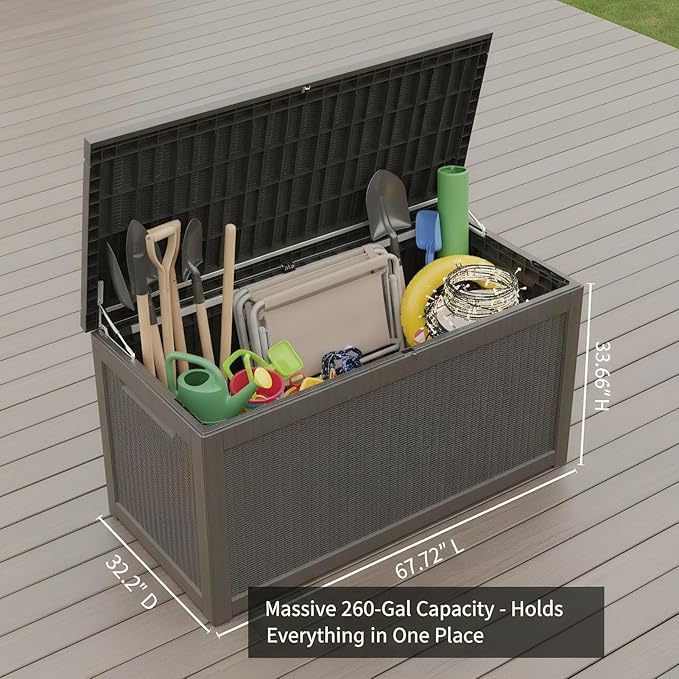 260 Gallon Resin Deck Box, Outdoor Storage Chest with Wood Grain Pattern, All-Weather Waterproof Patio Furniture for Cushions, Garden Tools, Pool Accessories - Easy Assembly, No Tools Needed