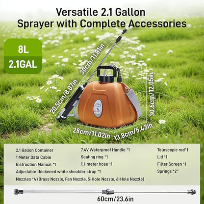 Electric Garden Sprayer 2.1 Gallon, 4 Mist Nozzles, Telescopic Wand, Adjustable Shoulder Strap, USB Rechargeable Waterproof Handle, Automatic Plant Mister for Lawn Garden