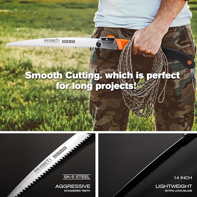 REXBETI Folding Saw, Extra Long 14 Inch Blade Backpacking Saws for Hiking Camping, Dry Wood Trimming Pruning Saw With 4 Cutting Angle Hard Teeth, Large Garden Saws with SK-5 Steel