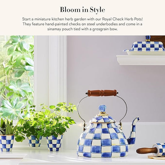MACKENZIE-CHILDS Enamel Herb Pots, Small Plant Pots for Herbs or Flowers, Set of 3, Blue-and-White Royal Check