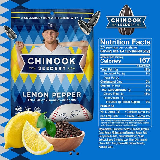 Chinook Seedery Roasted Jumbo Sunflower Seeds - Keto Snack - Best For Snack Packs - Gluten Free, Non-GMO Sunflower Seeds Snacks - Flavored 4 oz (Pack of 3) - Lemon Pepper Flavor