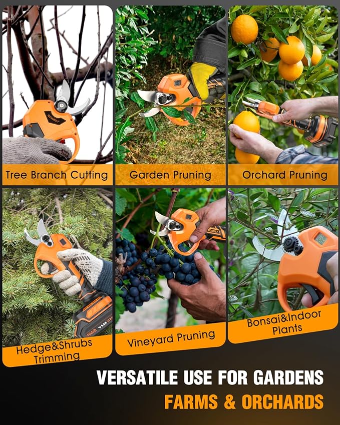 Upgraded Electric Pruning Shears, 1.5'' Cutting Diameter, Brushless Motor Cordless Pruner with LCD Display, 2 x 2000mAh Batteries & Extra SK5 Blades for Garden, Orchard & Branches