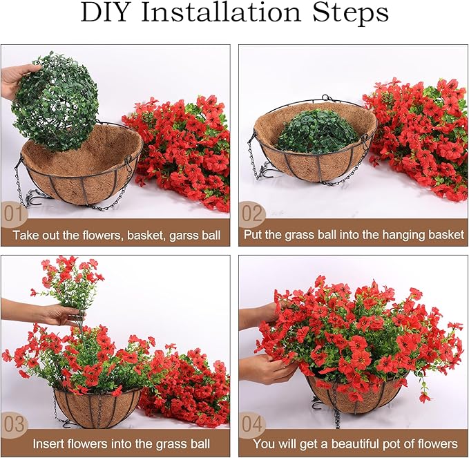 Hananona 24 Pcs Artficial Outdoor Flowers with Hanging Baskets, 2 Pack Hanging Planter with Red Outdoor Spring Flowers for Christmas Porch Home Patio Yard Decor (2, Red)