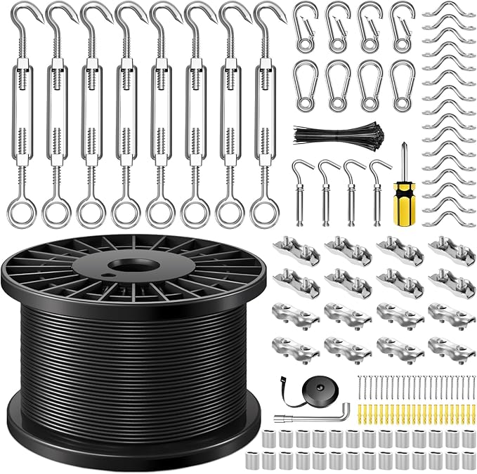 String Light Hanging Kit with 600FT Vinyl Coated Stainless Steel 304 Wire Rope Suspension Kit Included Enough Accessories with Turnbuckles and Hooks for Patio, Garden and Wedding Lighting