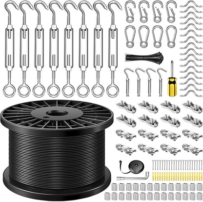 String Light Hanging Kit with 600FT Vinyl Coated Stainless Steel 304 Wire Rope Suspension Kit Included Enough Accessories with Turnbuckles and Hooks for Patio, Garden and Wedding Lighting