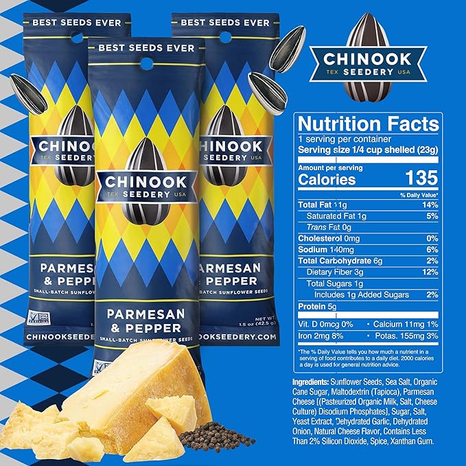 Chinook Seedery Low Sodium Sunflower Seeds – Parmesan & Pepper Flavor, Pack of 36, 1.5oz – Sunflower Seeds to Eat – Keto, Jumbo, Roasted, Baseball Snacks