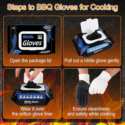 BBQ Gloves 50 Disposable nitrile Gloves with 2 Reusable Cotton Liners Guantes for Cooking Food Prep,Powder Latex Free,Heat Resistant for Grilling, Barbecue, Smoker Guante Heat Froof for Men - XLarge