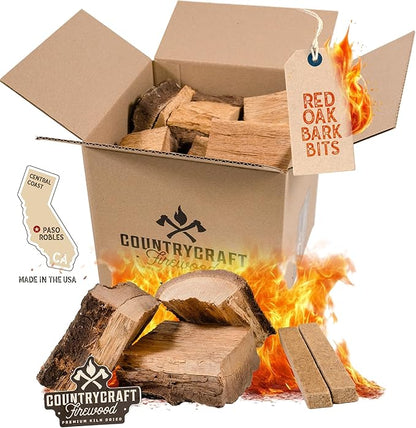 Kiln-Dried Red Oak Bark Bit Chunks Cooking Wood – Sustainably Sourced Firewood and BBQ Wood for BBQs, Grills & Smokers – 10 lbs, Made in The USA with 2 Firestarters