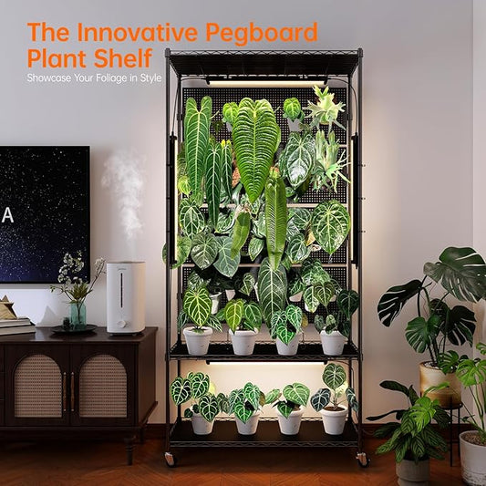 Bstrip Plant Shelf with Grow Light & 4 Pegboard, Metal Plant Stand with Adjustable Rack and Wheels, 4 x 24W Full Spectrum Grow Light Strip for Indoor Plants, Foliage Plants, Seedling, 35.4"x13.8"x71"
