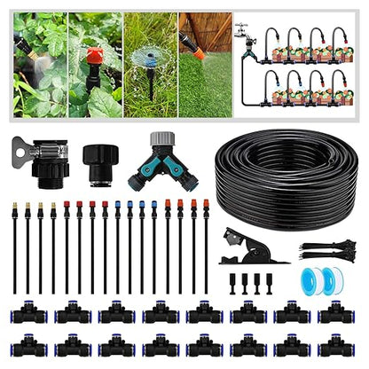 100-Foot Drip Irrigation System - 16 Copper Nozzles + T-Connectors for Gardens, Lawns, Plants, and Hydroponics - Quick-Connect Watering Kit