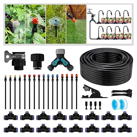 100-Foot Drip Irrigation System - 16 Copper Nozzles + T-Connectors for Gardens, Lawns, Plants, and Hydroponics - Quick-Connect Watering Kit