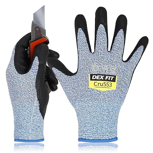 DEX FIT Level 5 Cut Resistant Gloves Cru553, 3D-Comfort Stretchy Fit, Power Grip, Professional Grade, Thin, Touch-Screen Compatible, Durable, Machine Washable -Blue XS (6) 1 Pair