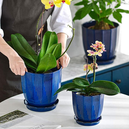 ADN Ceramic Flower Pots Indoor with Saucer - 6 Inch Plant Pot, Hand Glazed Ceramic Planter for All House Plants with Drainage Hole and Tray, Navy