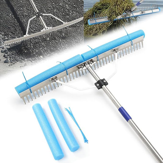 Aluminum Landscape & Lake Rake, 31'' Wide Heavy Duty Rake for Gravel Driveway Leveling, Aquatic Weed, Algae, Muck, Leaf & Seaweed Removal, Long Handle for Outdoor Beach, Garden & Lawn Yard Cleaning