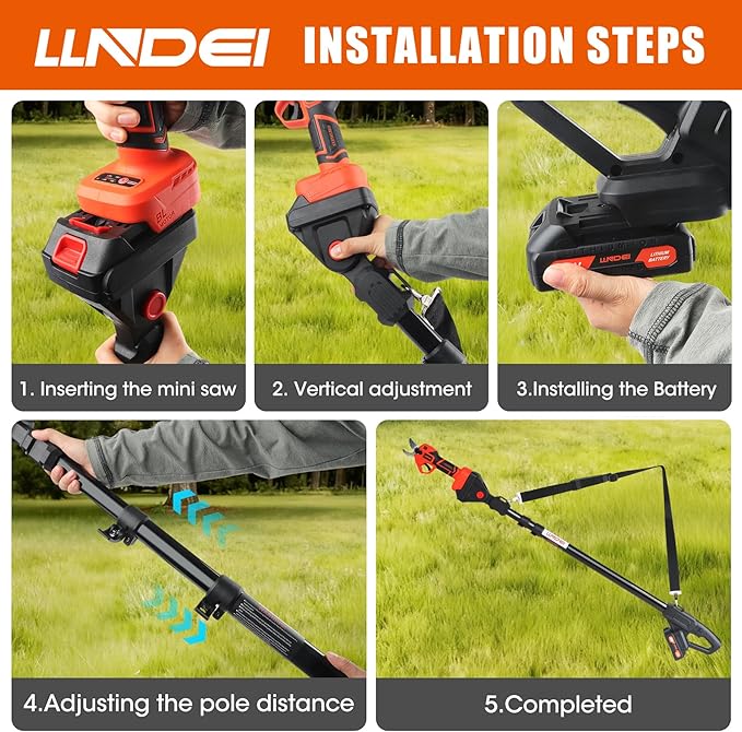 LLNDEI 2-in-1 Electric Pruning Shears Cordless, 1.6“ Cutting Diameter, Electric Tree Pruner with 13Ft Reach Extension Pole, 1000w Brushless Motor, Powered Pole Pruner for Tree Trimming.