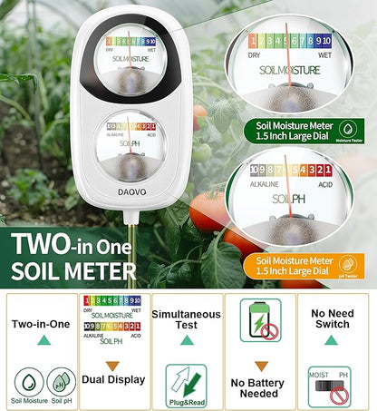 2-in-1 Soil Moisture Meter, Soil PH Meter, Large Dual-Screen Soil PH Tester & Moisture Meter for Plants Indoor&Outdoor Garden,Lawn,Farm Soil Test Kit-No Battery Needed (Milky White)