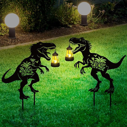 Dinosaur Metal Garden Stakes Yard Decor with a Lantern, Black Dinosaur with Flower Silhouette Statues Garden Decorative Gifts for Yard Art, Patio, Outside, Lawn Ornaments, Backyard, Pathway