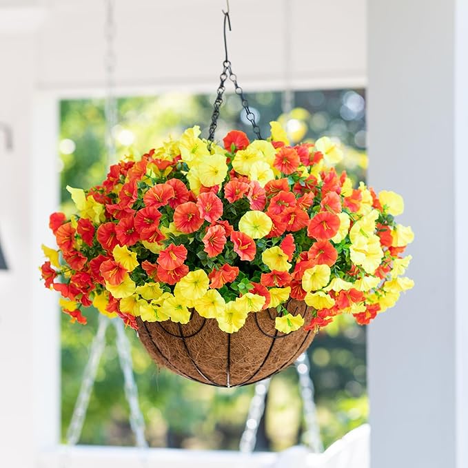 Artificial Fake Hanging Flowers Basket for Outdoors Spring Decoration, 12 Bundles Faux Silk Morning Glory Plants for Outdoor Planters Realistic UV Resistant Artificial Flowers for Outside Porch Garden