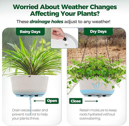 T4U 10 Inch Hanging Planters for Indoor Plants, 2 Pack White Self Watering Hanging Plant Pot, Hanging Pots Set with Drainage Hole & Plug & Chain with 3 Hooks for Garden Home Decor