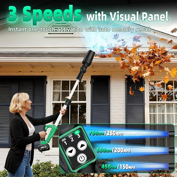 KIMO Leaf Blower for Gutters, 310000RPM, 37Inch Telescopic Pole, 750CFM 280MPH, 3 Speeds w/Smart Panel, Lightweight 2.5Lb, 4.0Ah Battery Operated Leaf Blower Cordless Leaf Blowers Gutter Cleaning Tool