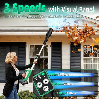 KIMO Leaf Blower for Gutters, 310000RPM, 37Inch Telescopic Pole, 750CFM 280MPH, 3 Speeds w/Smart Panel, Lightweight 2.5Lb, 4.0Ah Battery Operated Leaf Blower Cordless Leaf Blowers Gutter Cleaning Tool