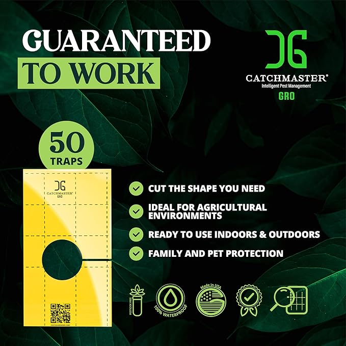 Catchmaster GRO Yellow Pre-Cut Ready to Use Sticky Traps 50PK, Bug & Fly Trap with Center Hole for Crawling Insects, Pest Control for Home, Garden & Greenhouse, Protect Live Plants Indoor & Outdoor