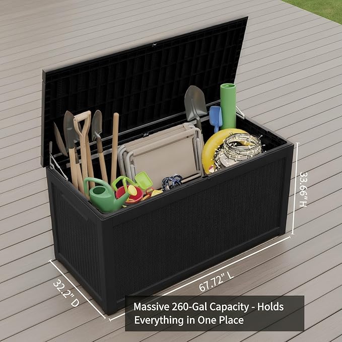 260 Gallon Resin Deck Box, Outdoor Storage Chest with Wood Grain Pattern, All-Weather Waterproof Patio Furniture for Cushions, Garden Tools, Pool Accessories - Easy Assembly, No Tools Needed