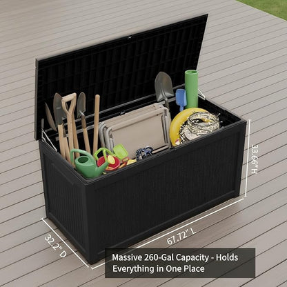 260 Gallon Resin Deck Box, Outdoor Storage Chest with Wood Grain Pattern, All-Weather Waterproof Patio Furniture for Cushions, Garden Tools, Pool Accessories - Easy Assembly, No Tools Needed