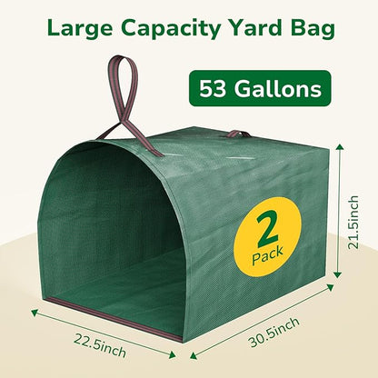GreatBuddy Lawn Bag, 53 Gallon Yard Waste Bags, Heavy Duty PP Garden Leaf Bags for Leaves, Grass and Debris, Reusable & Foldable Leaf Collector with Handles, Wide Opening and Self-stand Design, 2 Pack