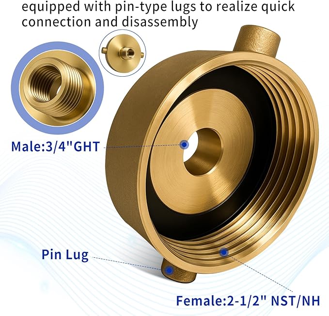 Fire Hydrant Hose Adapter 2-1/2" NST(NH) Female x 3/4" GHT Male Brass for Fire Hose or Pipes with Pin Lug Garden Hose Adapter