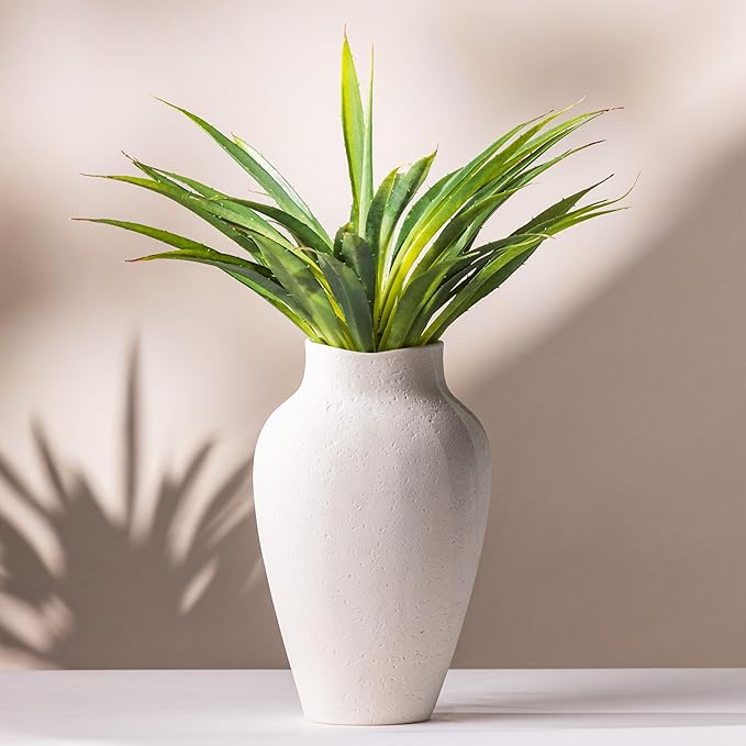Vase and Succulents White Textured Ceramic Vase 10.5 Inch with Aloe Plant 19 Inch Minimalist Vases for Centerpieces Home Decor with Faux Aloevera Leaf Agave Plant in Decorative for Entryway Decor