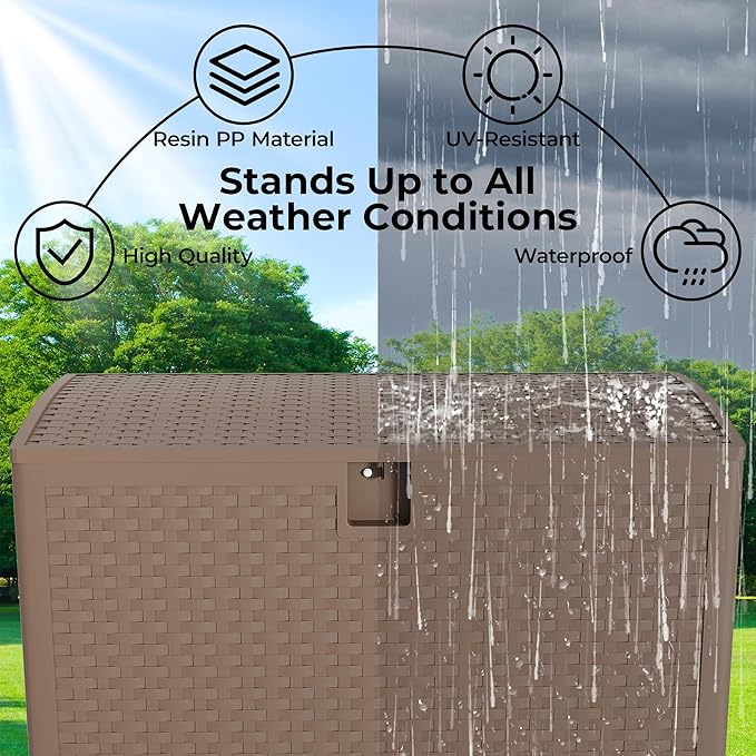 120 gal Brown Resin Deck Box, Outdoor Storage Box Waterproof Lockable, Patio Deck Box For Package Delivery, Outside Storage Box Container for Furniture Cushions, Garden Tools, Pool Accessories