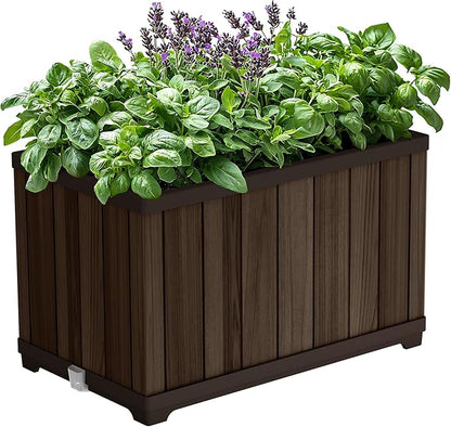 Keter Signature 21.7 Inch Tall Rectangular Large Wood Look Planter for Indoor or Outdoor Flower Pot Ideal for Patio Deck and Front Porch Decor, Rosewood