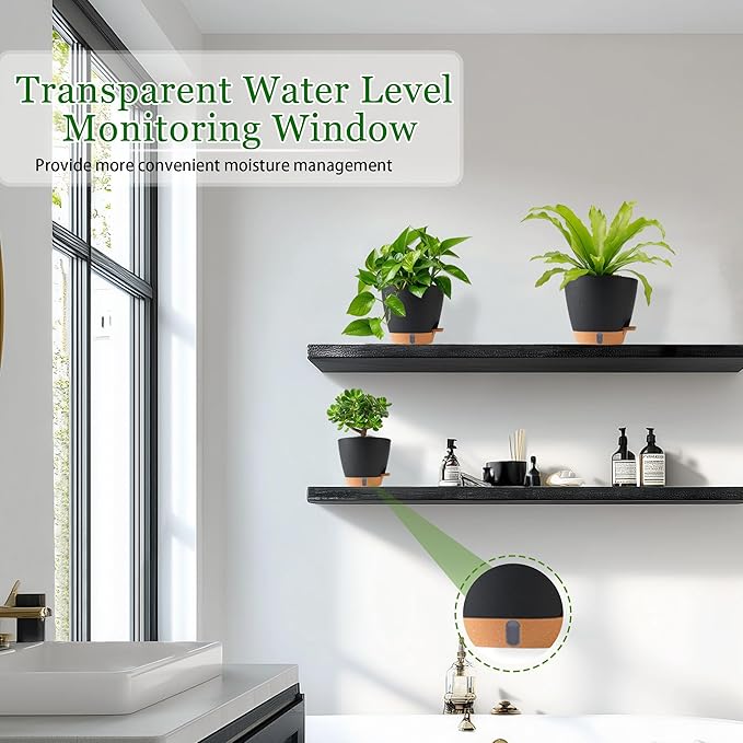 Self Watering Pots for Inoor Ourdoor Plants 8/7/6.5/6/5 Inch Plastic Planters with Drainage Holes & Water Level Indicator, Decorative House Flower Nursery Planting Pots with Saucers (Black)