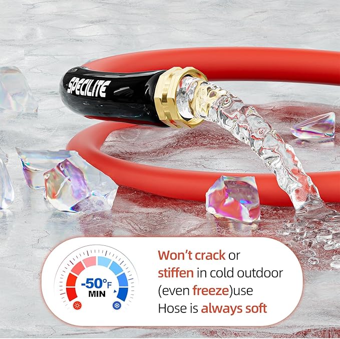 SPECILITE 5/8" Hot/Cold Short Leader Garden Water Hose 10 ft, -50℉-190℉, Flexible & Lightweight Rubber Pipes With 3/4" Brass Fittings for Yard, Outdoor, Farm, Red