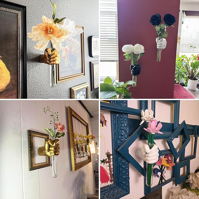 Gold Hand Vase, Wall Mounted Decor - Hanging Statue for Living Rooms & Entrance, Funky Art Sculpture Planter, Esculturas de Pared, Macetas Decorativas, Flower Tubes, Test Tubes for Plants