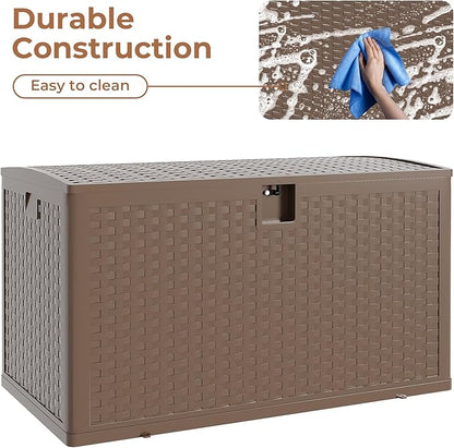 120 gal Brown Resin Deck Box, Outdoor Storage Box Waterproof Lockable, Patio Deck Box For Package Delivery, Outside Storage Box Container for Furniture Cushions, Garden Tools, Pool Accessories