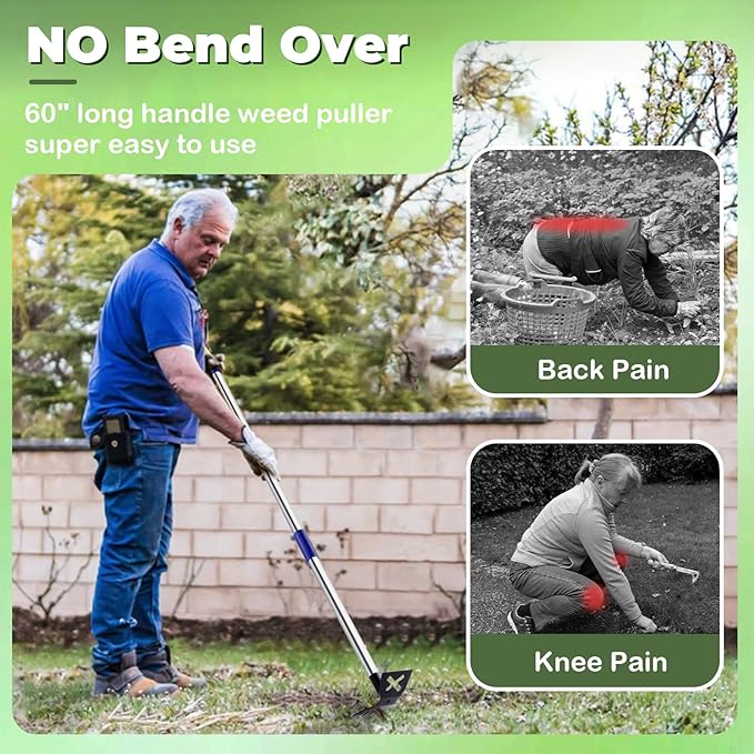 Weed Puller Tool with Long Handle, 60'' Weed Remover Weeding Tool, Heavy Duty 2 in 1 Manual Weed Rake and Garden Hoe, Gardening Weeder Tools for Yard, Lawn, Patio, Garden Blue
