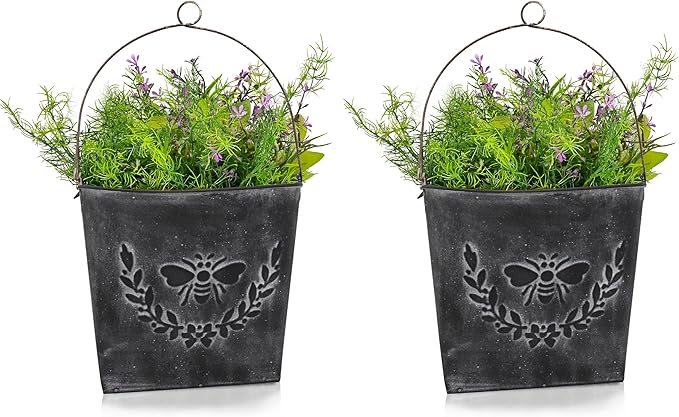 CVHOMEDECO. Farmhouse Wall Mount Metal Flower Pots Rustic Galvanized Bee Flower Holder Wall Hanging Pocket Planter for Indoor, Outdoor and Wall Decor, Set of 2 (Matt Black)