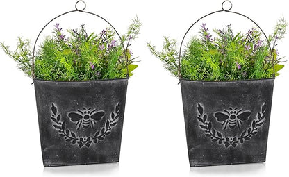 CVHOMEDECO. Farmhouse Wall Mount Metal Flower Pots Rustic Galvanized Bee Flower Holder Wall Hanging Pocket Planter for Indoor, Outdoor and Wall Decor, Set of 2 (Matt Black)