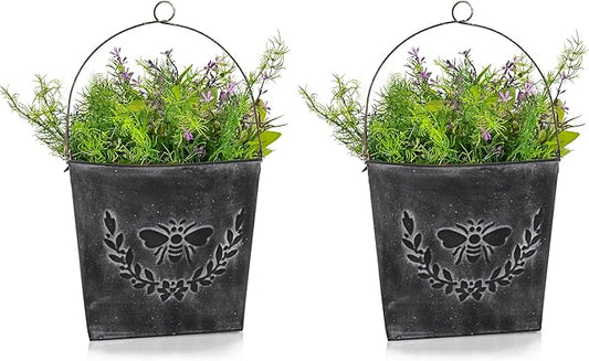 CVHOMEDECO. Farmhouse Wall Mount Metal Flower Pots Rustic Galvanized Bee Flower Holder Wall Hanging Pocket Planter for Indoor, Outdoor and Wall Decor, Set of 2 (Matt Black)