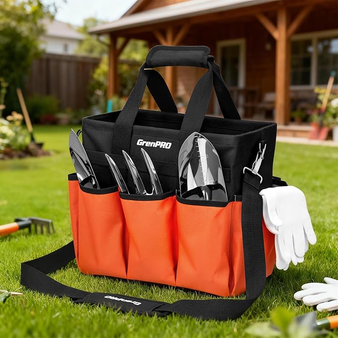 Garden Tool Bag Organizer, Heavy Duty Gardening Tote Toolbox with 10 Pockets, Adjustable Shoulder Strap, Standable & Foldable for Tool Storage, Home Garden Kit, Orange (Tools Not Included)