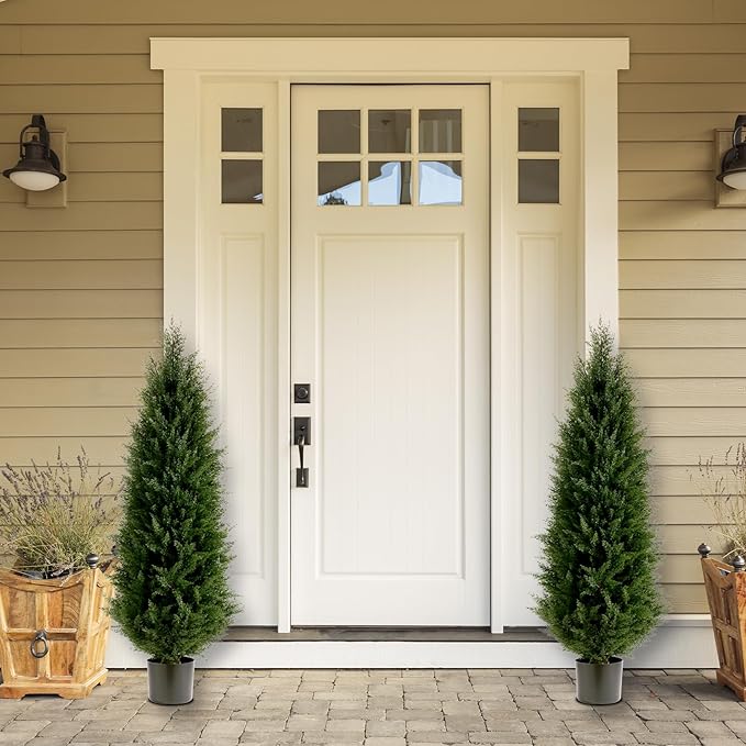 Artificial Topiary Tree Set of 2 Artificial Cedar Trees 4FT Uv Resistant Pine Potted Artificial Plants Outdoor Realistic Fake Plants Front Porch Decor Indoor Faux Cypress Trees