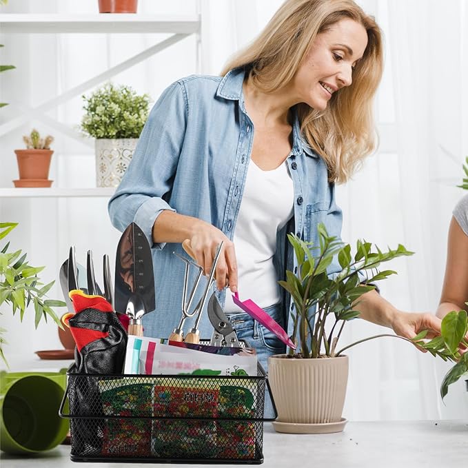 Garden Tool Basket Metal Mesh Gardening Kit Organizer Garden Hand Tools Arrange and Display Storage - Gardening Gifts for Women Men 10" L x 7" W x 4.75" H for Pruning Shears, Cultivator, Gloves