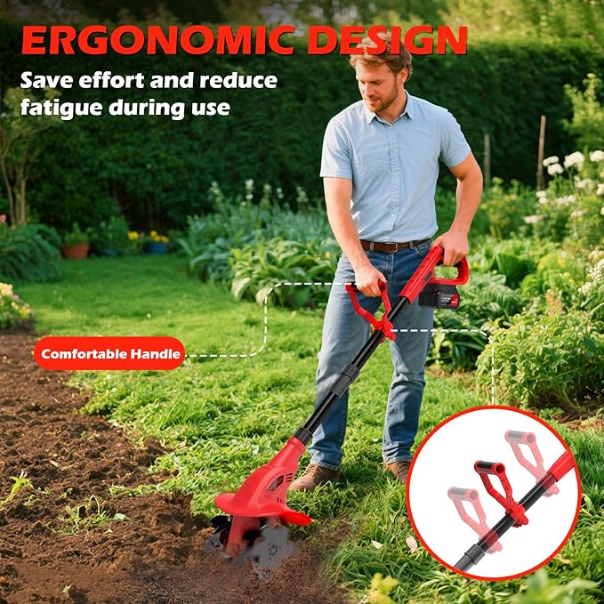 21V Cordless Electric Tiller for Gardening, 360 RPM Garden Tiller with 2×4.0AH Batteries & Charger, 9" Width, 6.3" Depth, Battery Powered Mini Cultivator, Portable Rototiller for Lawn Soil Cultivation