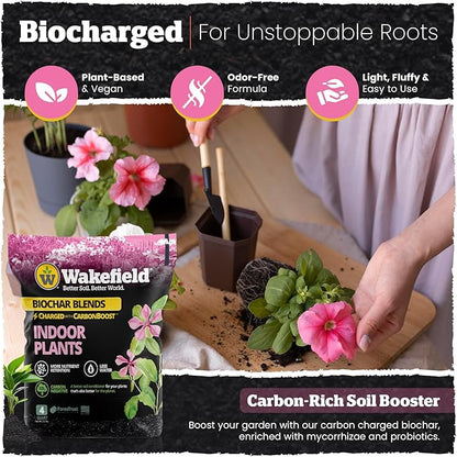 Wakefield Biochar Potting Mix & Indoor Plant Soil – Potting Soil Indoor Plants w/CarbonBoost Technology – Organic Compost, Pine Bark, Worm Castings – Garden Dirt - 4 Quart